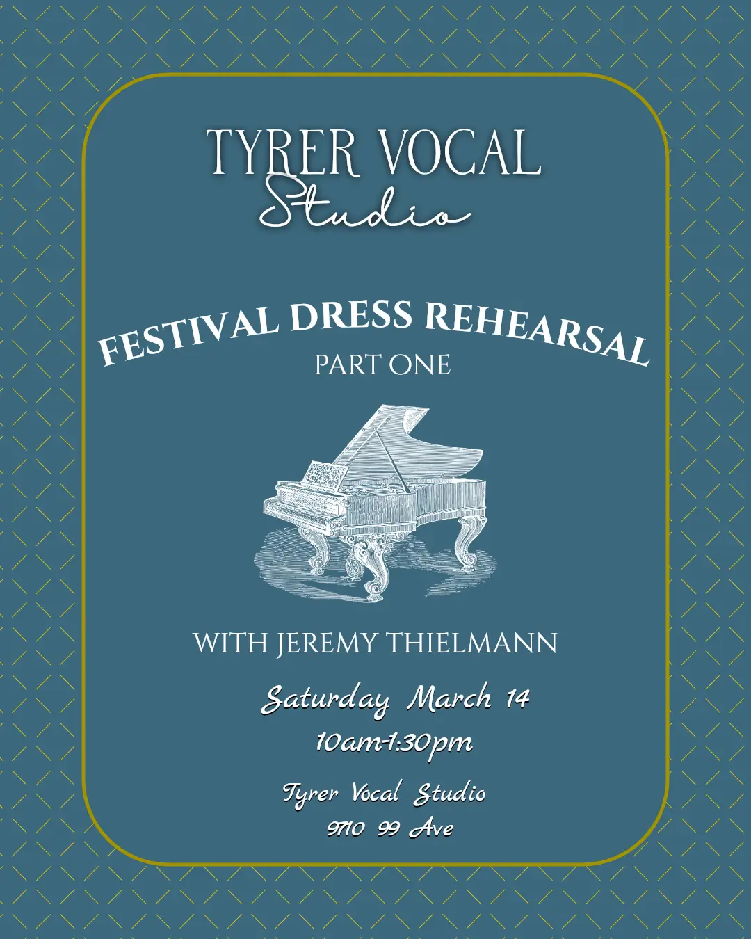 Pencil sketch of a piano on a blue background with gold border and patterns, and the event details detailed in text.