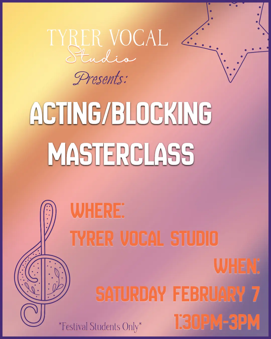 Orange and purple gradient poster with a star and treble cleff and the details for the blocking masterclass event.