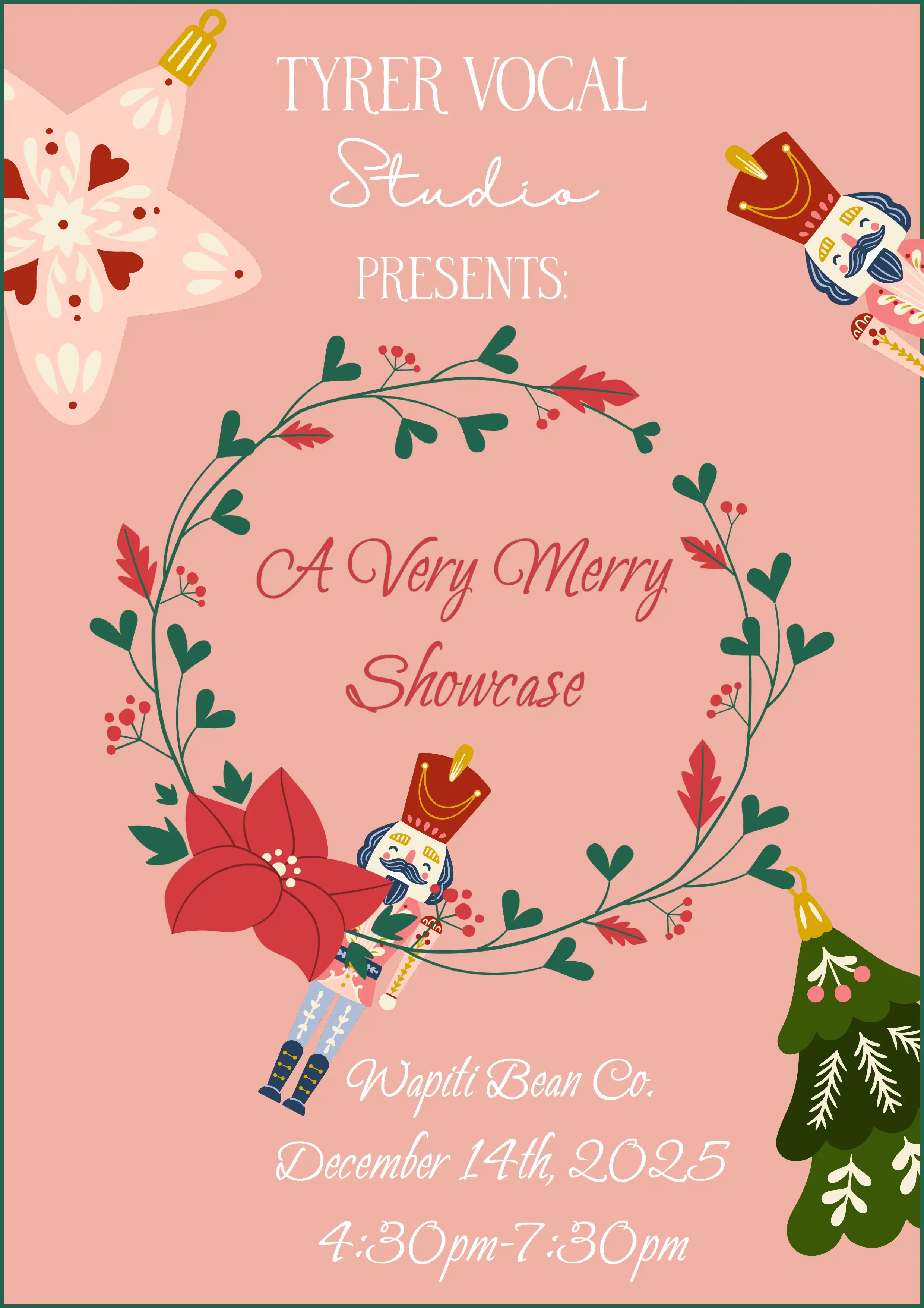 A wreath and several Christmas ornaments on a light red background with the heading 'A Very Merry Showcase' and details about the place and time of the event.